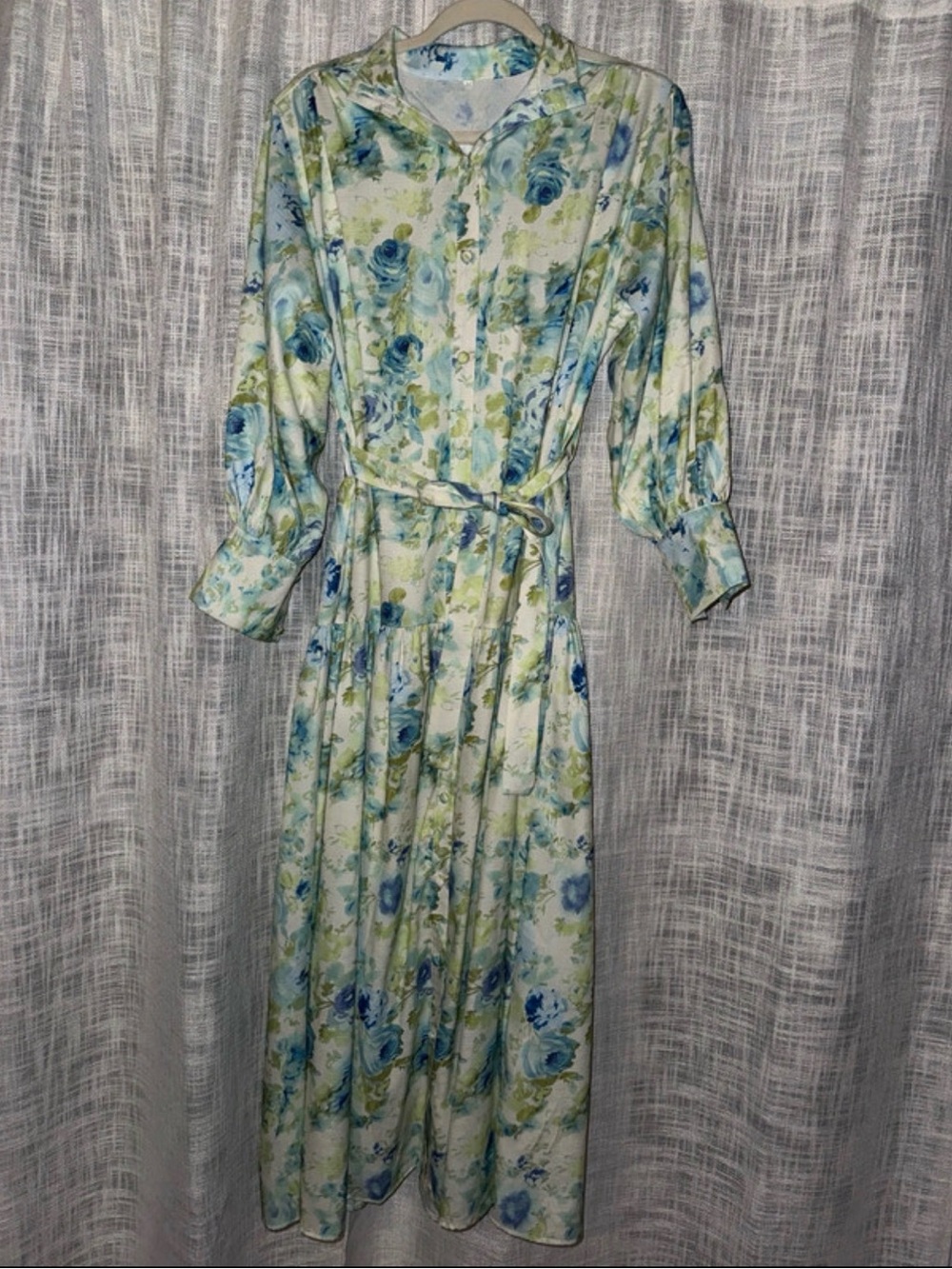 Floral Blue & Green Button-Front Midi Dress